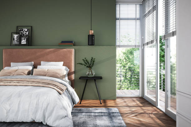 Modern Interior Of Bedroom With Green Wall, 3d Render