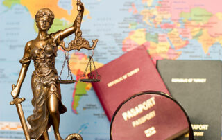 Law Concept, Statue, Magnifying Glass, Passport And World Map. Travel